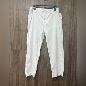 Frank and Eileen White Kinsale Cropped Pants w/ Raw Hem Cotton and Flax Blend